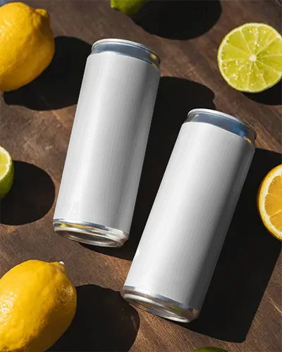 Realistic Metallic Drink Can Mockups With Citrus Fruits On Rustic Wooden Table