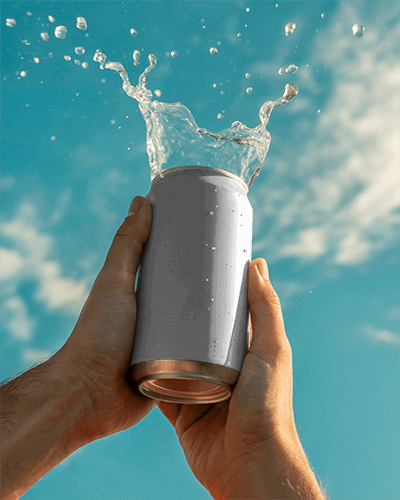 Hands Holding Water Splash Can Mockup Drink Packaging Design Promotional Image