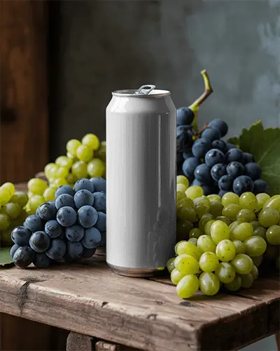 Premium Beverage Can Mockup On Wooden Surface With Fresh Grape Fruit For Marketing Presentation