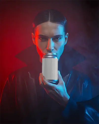 Dark Halloween Can Mockup Mysterious Model In Leather Jacket With Red And Blue Lighting