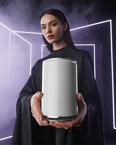 Futuristic Can Mockup Dark Elegant Model Holding Metallic Beverage With Purple Neon Lighting