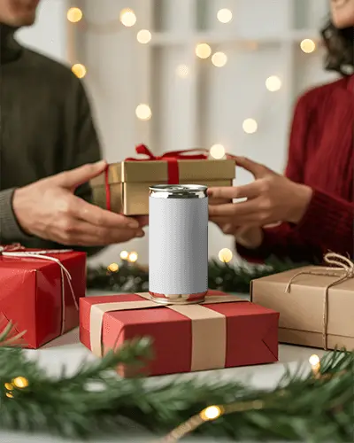 Christmas Gift Can Mockup Holiday Scene With Wrapped Presents And Festive Lights