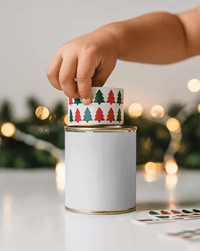 Christmas Craft Tin Can Mockup Child Hand Decorating With Tree Pattern Tape And Bokeh Lights