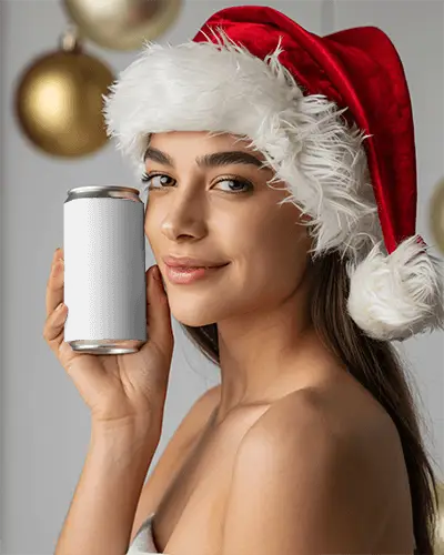 Christmas Can Mockup Female Model In Santa Hat Holding Festive Beverage Smiling