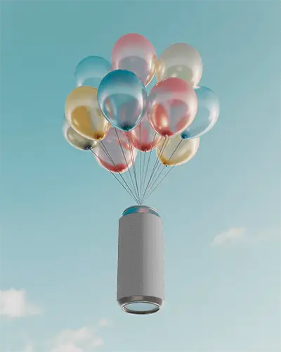 Floating Balloon Can Mockup Colorful Helium Balloons Lifting Metal Beverage In Sky