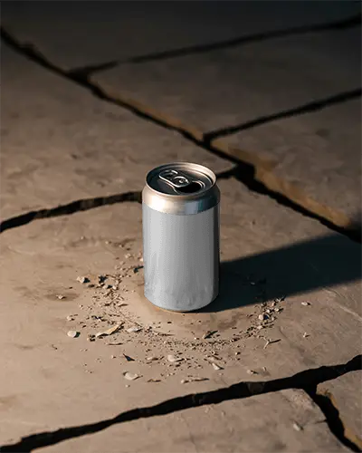 Rugged Ground Can Mockup Metallic Beverage Standing On Broken Stone Surface With Dust