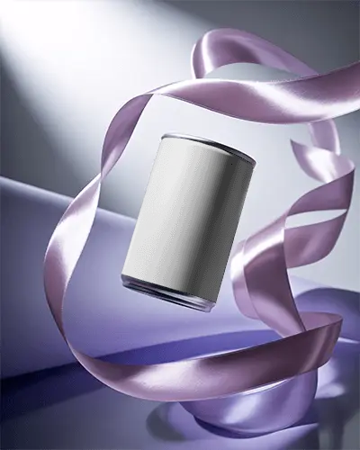 Elegant Floating Can Mockup Metallic Beverage Surrounded By Satin Ribbon In Soft Light