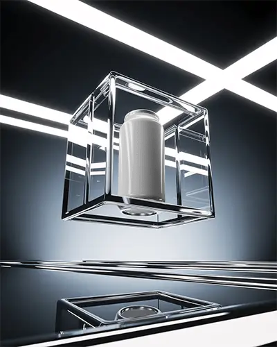 Futuristic Glass Cube Can Mockup Metallic Beverage Floating In Modern Illuminated Space