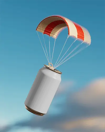 Parachute Can Mockup Floating Metal Beverage With Striped Chute In Clear Blue Sky