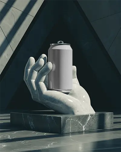 Marble Hand Can Mockup Sculptural Display With Metallic Drink And Architectural Lighting