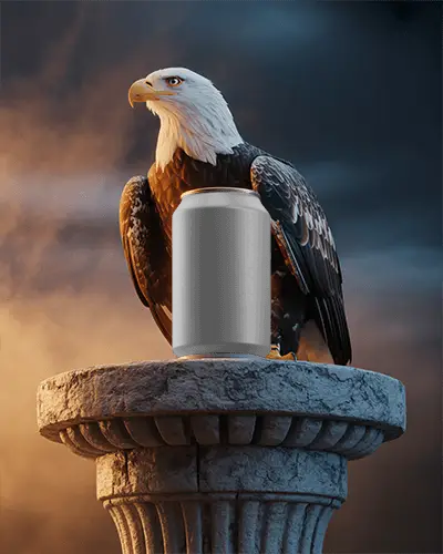 Majestic Eagle Can Mockup Bird Perched On Stone Pillar With Metal Beverage And Dramatic Light