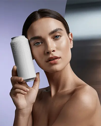 Beauty Portrait Can Mockup Minimal Fashion Model Holding Cold Beverage With Dew Drops