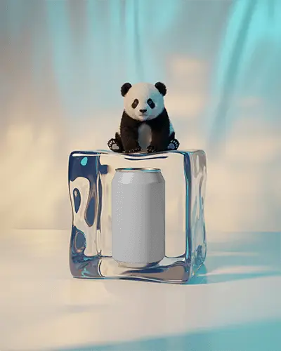 Cute Panda Can Mockup Adorable Bear Sitting On Glass Ice Block With Metal Beverage