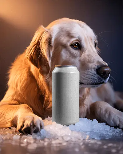 Golden Retriever Can Mockup Dog Lying On Ice With Chilled Metal Beverage In Soft Light