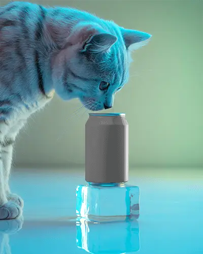 Curious Cat Can Mockup Feline Inspecting Chilled Beverage On Ice Block With Soft Light