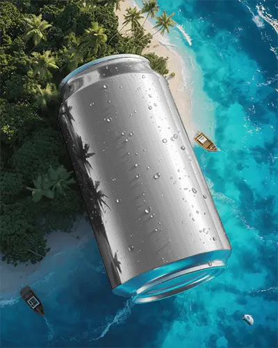 Tropical Island Can Mockup Giant Metal Beverage Over Ocean With Lush Green Shore