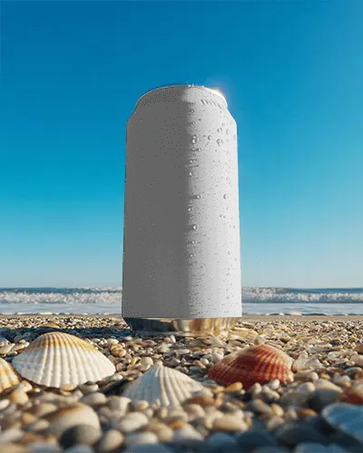 Beach Vibes Can Mockup Cold Metal Beverage On Sandy Shore With Seashells And Sunlight