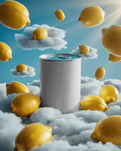 Lemon Dream Can Mockup Floating Fruits In Cloudy Sky With Refreshing Citrus Vibe