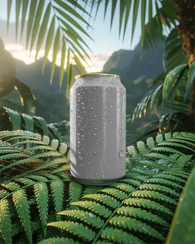 Tropical Jungle Can Mockup Cold Beverage With Water Drops On Green Fern Leaves