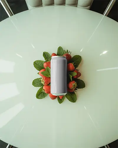 Strawberry Mint Can Mockup Refreshing Drink Surrounded By Fruits And Leaves On Glass Table