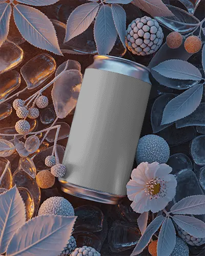 Frosty Berry Can Mockup Cold Beverage On Ice With Frozen Fruits And Pastel Leaves