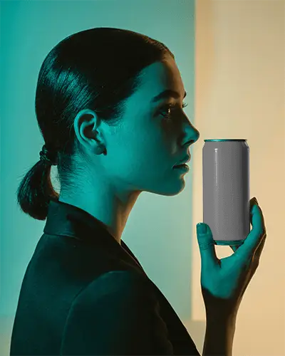 Cinematic Profile Can Mockup Woman Holding Metal Drink In Bicolor Neon Light Scene