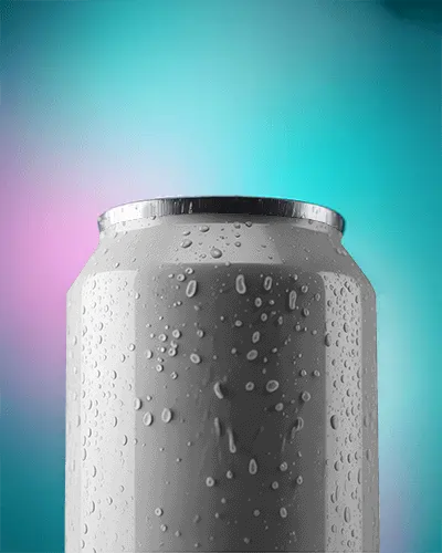 Closeup Cold Can Mockup Metal Beverage With Dew Drops And Vibrant Gradient Background