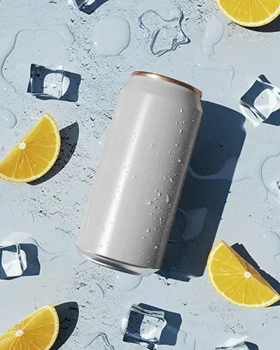 Citrus Fresh Can Mockup Cold Beverage On Blue Surface With Ice Cubes And Orange Slices
