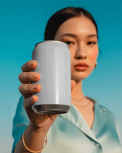 Confident Outdoor Can Mockup Woman Presenting Drink Under Clear Blue Sky With Focus Depth