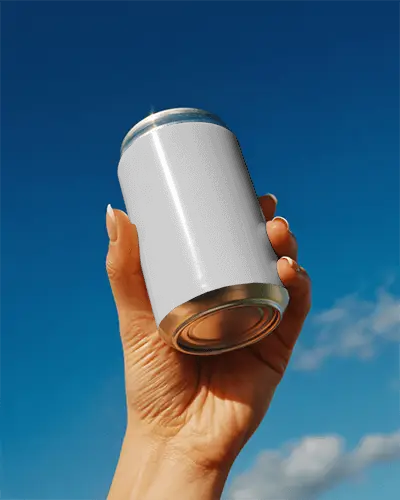 Bright Sky Can Mockup Hand Holding Metal Drink Under Clear Blue Daylight