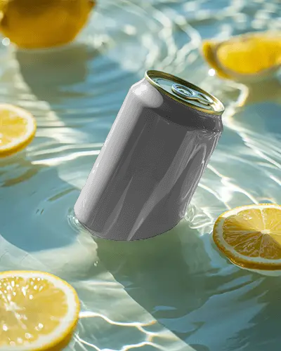 Lemon Water Can Mockup Refreshing Drink Floating Amid Citrus Slices In Sunlight