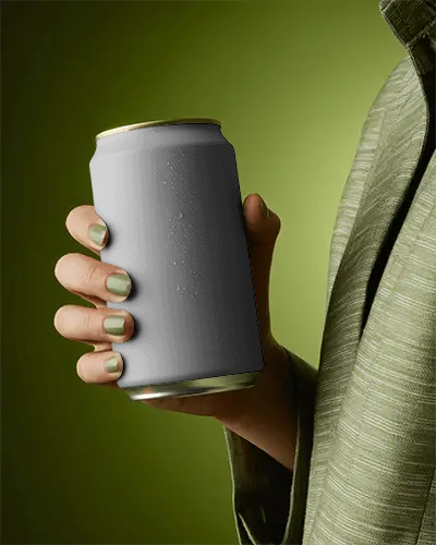Elegant Green Can Mockup Hand Holding Beverage With Matching Nails And Fabric