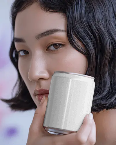 Elegant Portrait Can Mockup Woman Holding Sleek Beverage Near Face In Soft Light