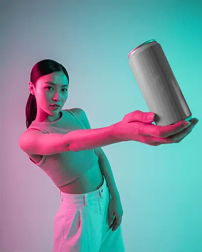 Neon Vibe Can Mockup Futuristic Portrait Woman Extending Drink Under Color Lights