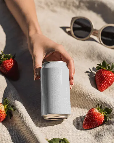 Sunny Picnic Can Mockup Hand Holding Drink With Strawberries And Sunglasses