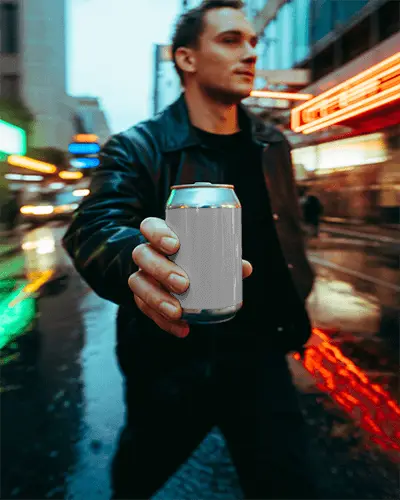 Urban Night Can Mockup Man Holding Drink On Wet City Street In Rainy Downtown