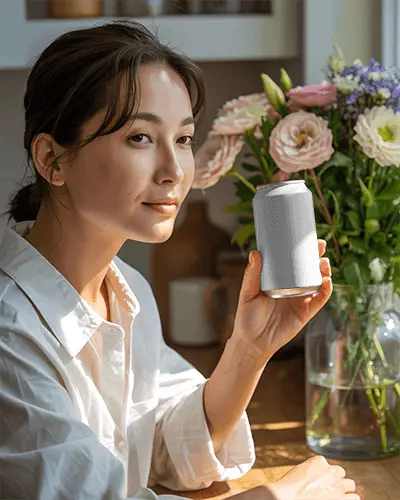 Floral Background Beverage Can Mockup Female Model In Soft Sunlit Home Interior