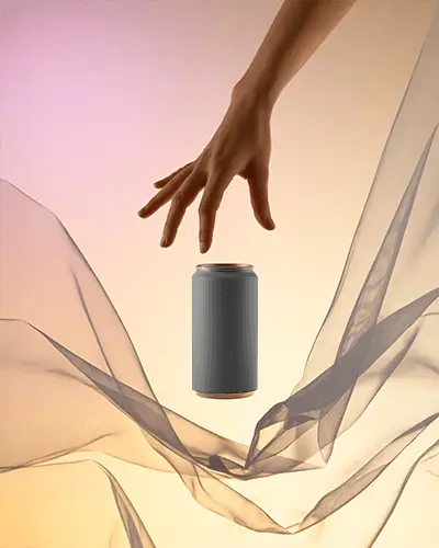 Ethereal Hand Reaching Can Mockup Floating Black Can With Soft Fabric Motion Background