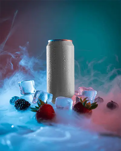 Chilled Beverage Can Mockup Black Can With Ice Cubes And Berries In Cool Misty Light
