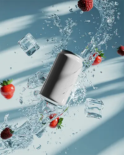 Splash Action Can Mockup Black Beverage With Strawberries Ice And Dynamic Water Motion
