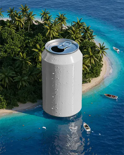 Tropical Island Can Mockup Giant Can In Ocean View With Palm Trees And Boats