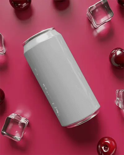Cherry Ice Can Mockup Black Can On Red Surface With Fresh Cherries And Ice Cubes
