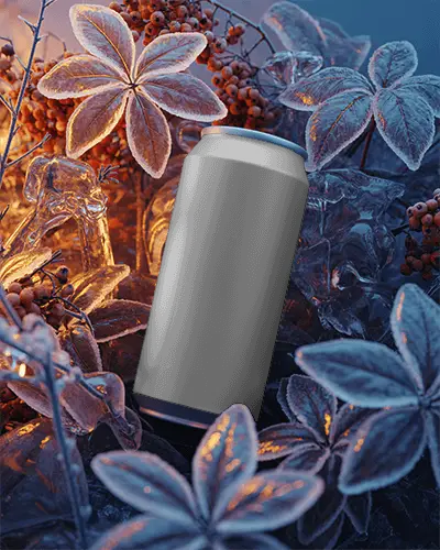 Frosty Floral Drink Mockup Beverage Surrounded By Icy Leaves And Warm Orange Light