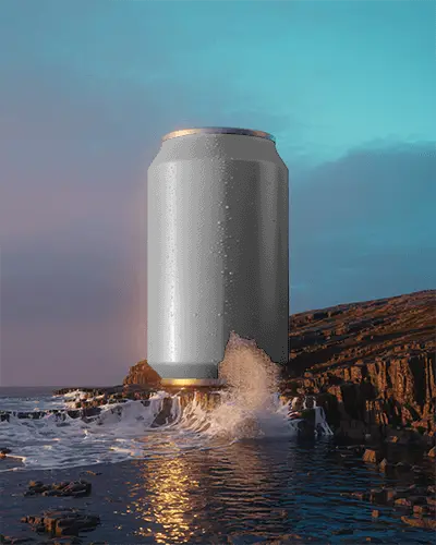 Ocean Splash Beverage Can Mockup Giant Drink Over Rocky Coastline At Sunset Horizon