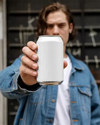 Urban Style Young Man Showing Empty Can Mockup For Beverage Marketing Presentation