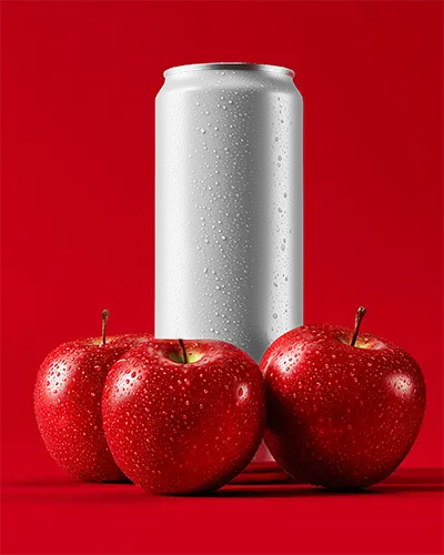 Fresh Cold Beverage Can Mockup With Wet Droplets Surrounded By Juicy Apples On Vibrant Background