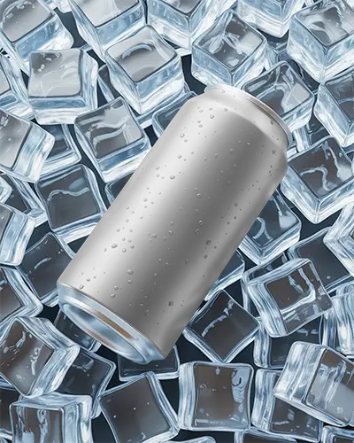Cold Beverage Can Mockup Placed On Transparent Ice Cubes For Refreshing Drink Promotion