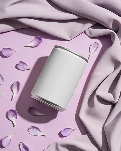 Premium Product Can Mockup Surrounded By Delicate Petal And Smooth Fabric Background