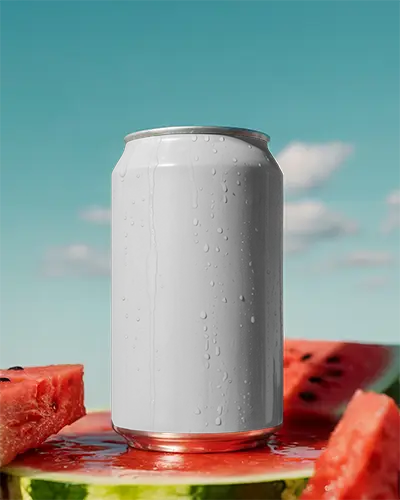 Realistic Beverage Can Mockup On Watermelon Slice With Water Droplets Summer Drink Promotion