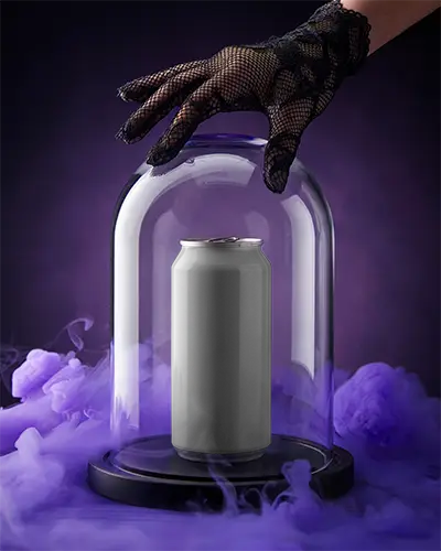 Premium Can Mockup Under Glass Dome With Mystic Smoke And Gloved Hand Touching Top